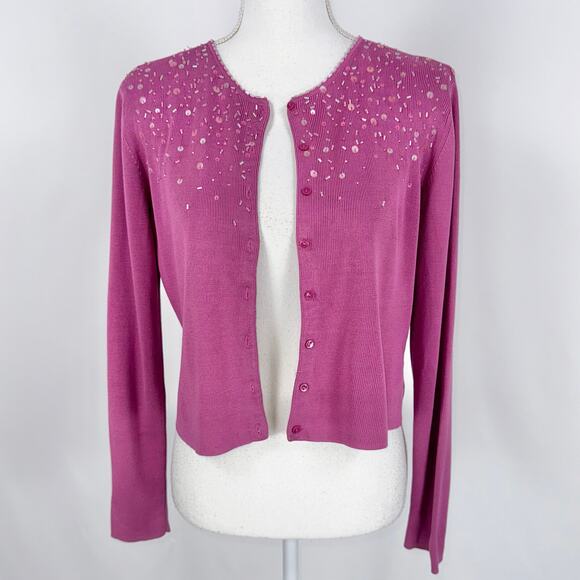 Ann Taylor Women's 90s Beaded 100% Silk Cropped Cardigan Medium Pink - Picture 1 of 10
